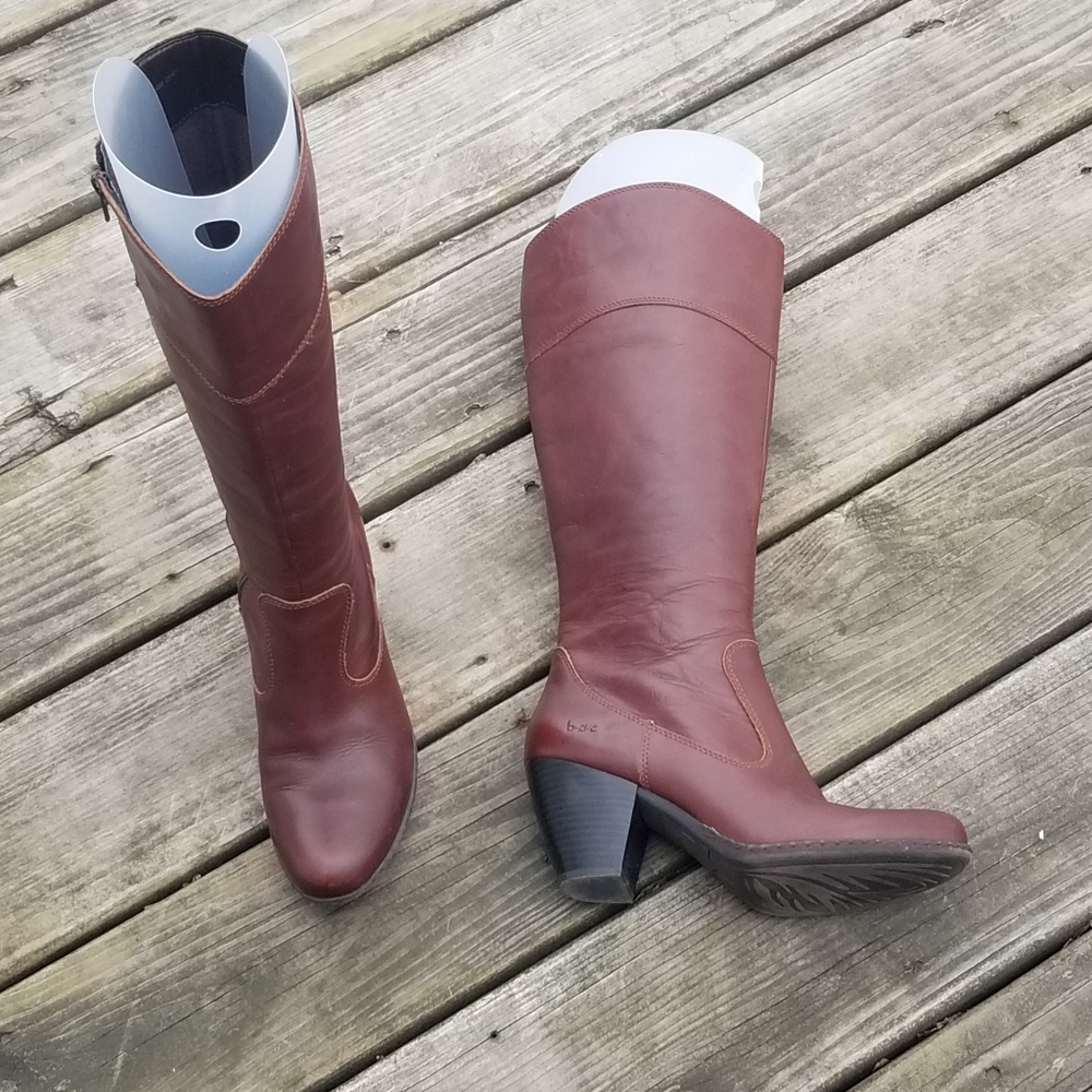 Born BOC Stussy Tall Whisky Brown Leather Zippered Stack Heeled Tall Boots